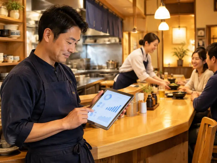 落ち着いた店内で、タブレットで状況を確認する店主